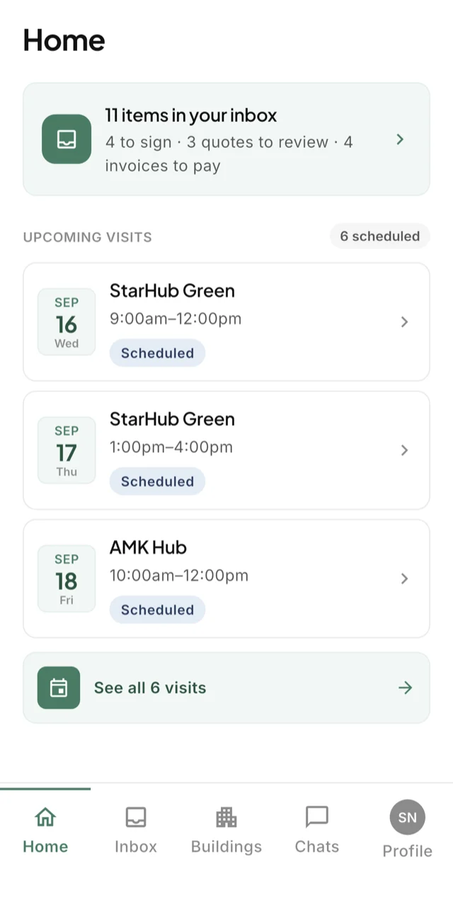 The LiftAuth building manager app: eleven items waiting — records to sign, quotes to review, invoices to pay — above the week’s upcoming visits.